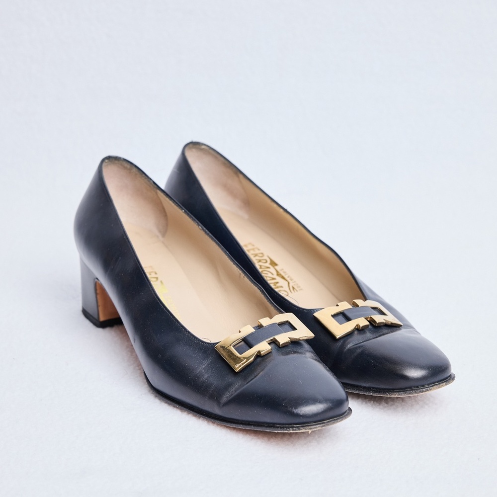 Ferragamo Black Leather Block Heels‎